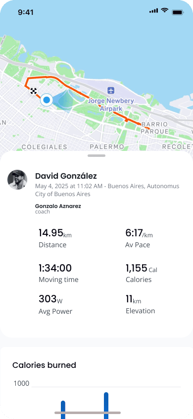 Detalle de actividad en Stiga: mapa del recorrido, ritmo medio, potencia y el entrenador asignado