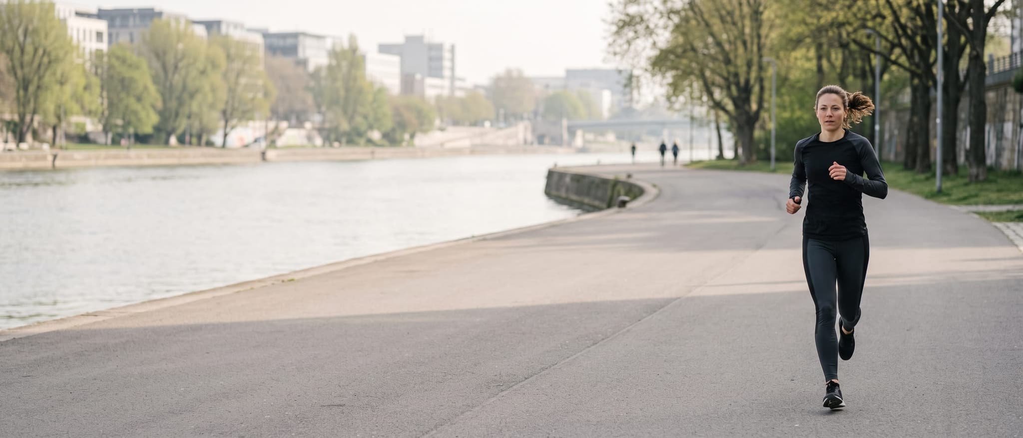 Atleta corriendo junto al río al amanecer